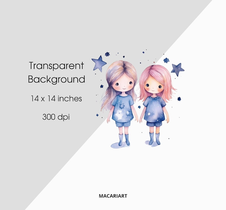 Może przedstawiać: Dwie akwarelowe ilustracje dziewczynek w niebieskich i białych sukienkach w gwiazdki, stojących obok siebie na białym tle z niebieskimi gwiazdkami.