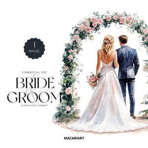 Clipart acquerello sposa e sposo schiena, PNG giorno delle nozze, Clipart appena sposati, PNG sposa e sposo romantici, Clipart invito matrimonio