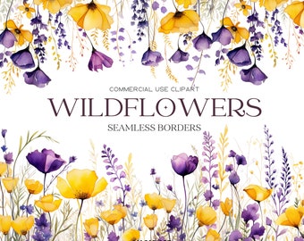 Wildflowers Borders Clipart Floral Watercolor Borders Flowers Seamless Border Wild Floral Clipart Wedding Clipart Floral Borders Digital