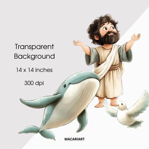 May include: A digital illustration of a man with a beard and long hair standing with his arms outstretched. He is wearing a beige robe. A blue whale swims to the left of him and a white dove flies to the right. The background is white.