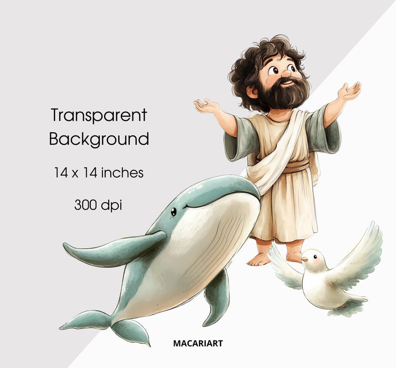 May include: A digital illustration of a man with a beard and long hair standing with his arms outstretched. He is wearing a beige robe. A blue whale swims to the left of him and a white dove flies to the right. The background is white.