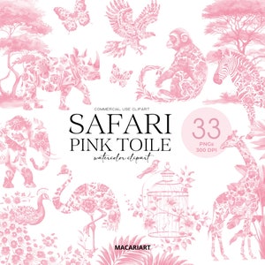 Pink Safari Toile Clipart Acuarela Chinoiserie Jungle Animals Baby Shower Toile De Jouy Clip Art Uso Comercial Png Descarga Digital