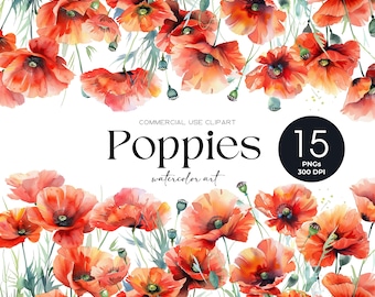 Watercolor Poppies Clipart Summer Floral Bouquet Wildflower Clip Art Poppy Png August Birth Flower Clipart PNG Poppies Art Print Red Flowers