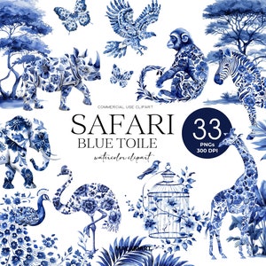 Blauwe safari toile clipart aquarel chinoiserie jungle dieren baby shower toile de jouy clip art commercieel gebruik png digitale download