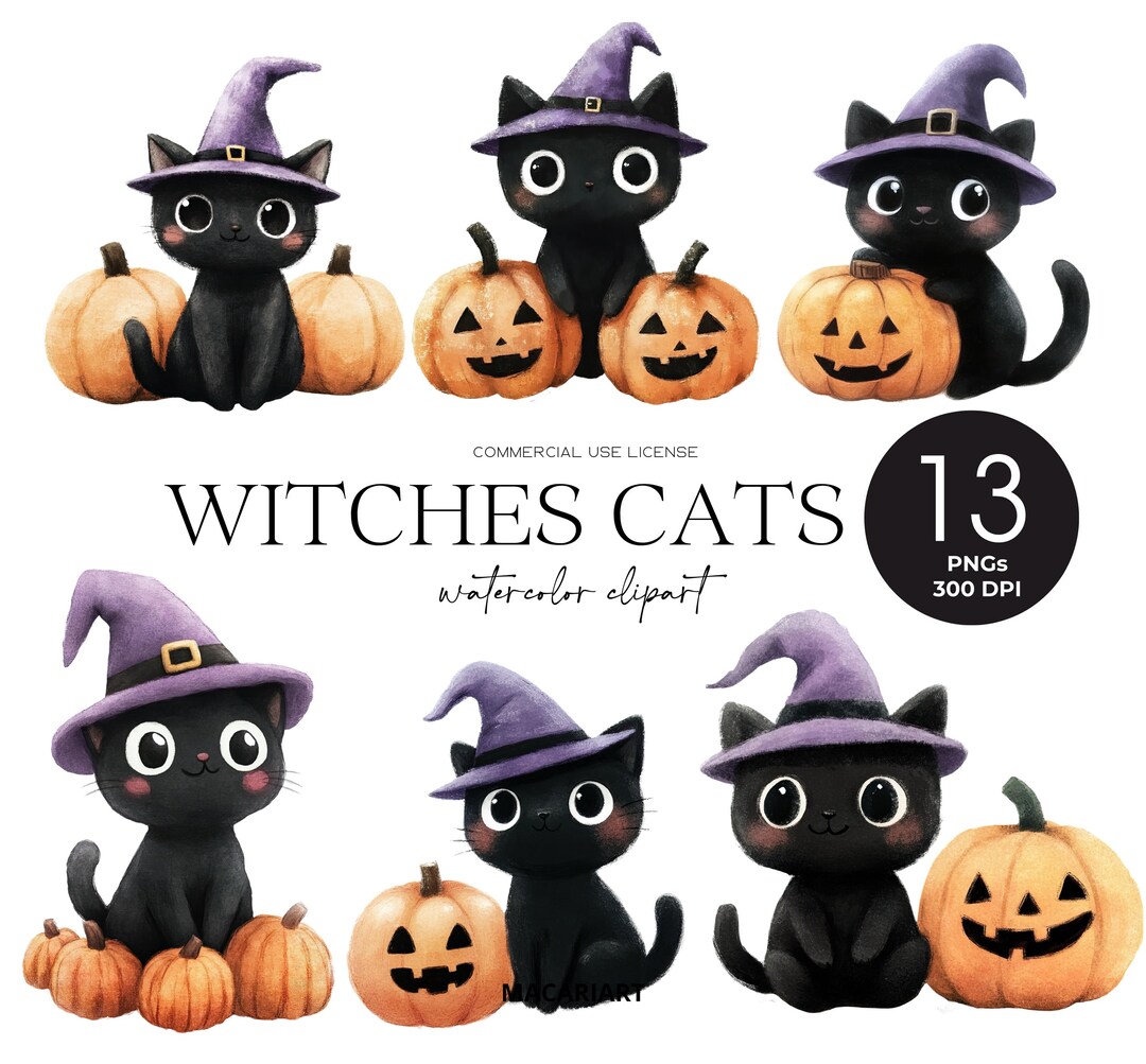 Cute Halloween Black Cat Clipart Bundle Watercolor Witch Cat Png Funny ...