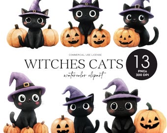 Cute Halloween Black Cat Clipart Bundle Watercolor Witch Cat Png Funny Black Cat With Pumpkin Halloween Animals Clipart Spooky Halloween Png