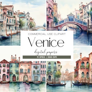Acuarela Venecia Papel Digital Vacaciones Italianas Canales de Venecia Góndola Italia Paisaje Digital Craft Scrapbook Textura Papel Imprimible JPG