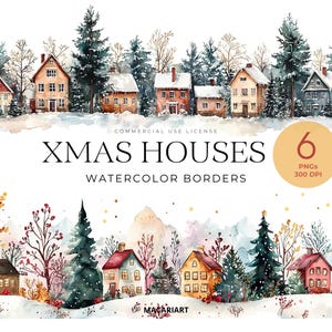 Bordas de casas de Natal Clipart, Vila de Natal em aquarela Png, Casa de Natal, Borda de inverno aconchegante, Moldura de casa de inverno, Casa brilhante Png