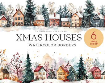 Christmas Houses Borders Clipart, Watercolor Christmas Village Png, Christmas Home, Cosy Winter Border, Winter House Frame, Bright House Png