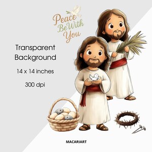 May include: Illustration of two figures in white robes with red sashes, one holding a palm branch, the other a dove. A basket of bread, a crown of thorns, and nails are also depicted. Text reads "Peace Be With You".