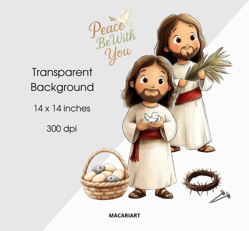 May include: Illustration of two figures in white robes with red sashes, one holding a palm branch, the other a dove. A basket of bread, a crown of thorns, and nails are also depicted. Text reads "Peace Be With You".