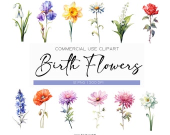 Watercolor Birth Month Flowers Clipart Bundle Digital Watercolor Birth Flower Clipart Watercolor Floral Clipart Flower Png Commercial Use