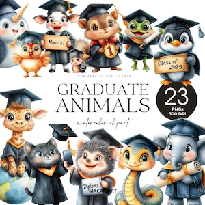 bestandene Tiere Clipart, niedliches Abschluss PNG, Aquarell Abschluss Tag, Grundabschluss, Kinder graduiert, Diplom, Abschlussmütze Kleid