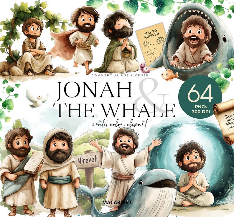 May include: A set of 64 watercolor clipart images featuring Jonah and the whale. The images include Jonah being swallowed by the whale, Jonah praying inside the whale, and Jonah being spit out by the whale. The images also include a map to Nineveh, a sign that says "Nineveh", and a dove.
