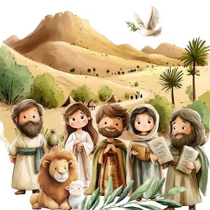 May include: A colourful illustration of a group of people standing in a desert landscape. The people are wearing traditional clothing and holding religious objects. There is a mountain in the background and a dove flying overhead.