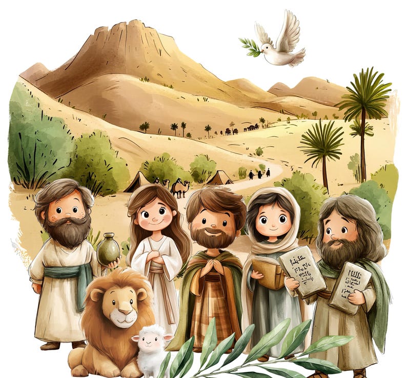May include: A colourful illustration of a group of people standing in a desert landscape. The people are wearing traditional clothing and holding religious objects. There is a mountain in the background and a dove flying overhead.