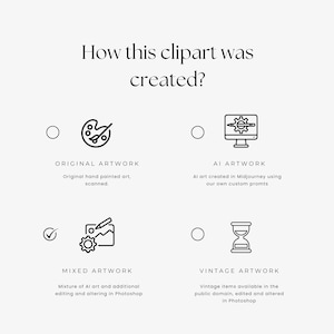 May include: A graphic with four options for how a clipart image was created. The options are: Original Artwork, AI Artwork, Mixed Artwork, and Vintage Artwork. Each option has a checkbox and a corresponding icon.