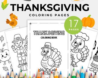 Thanksgiving Coloring Pages For Kids, Fall Coloring Book, Turkey Coloring Sheet, Pumpkin, Thanksgiving Activity, Pilgrim Hat, Pumpkin Pie