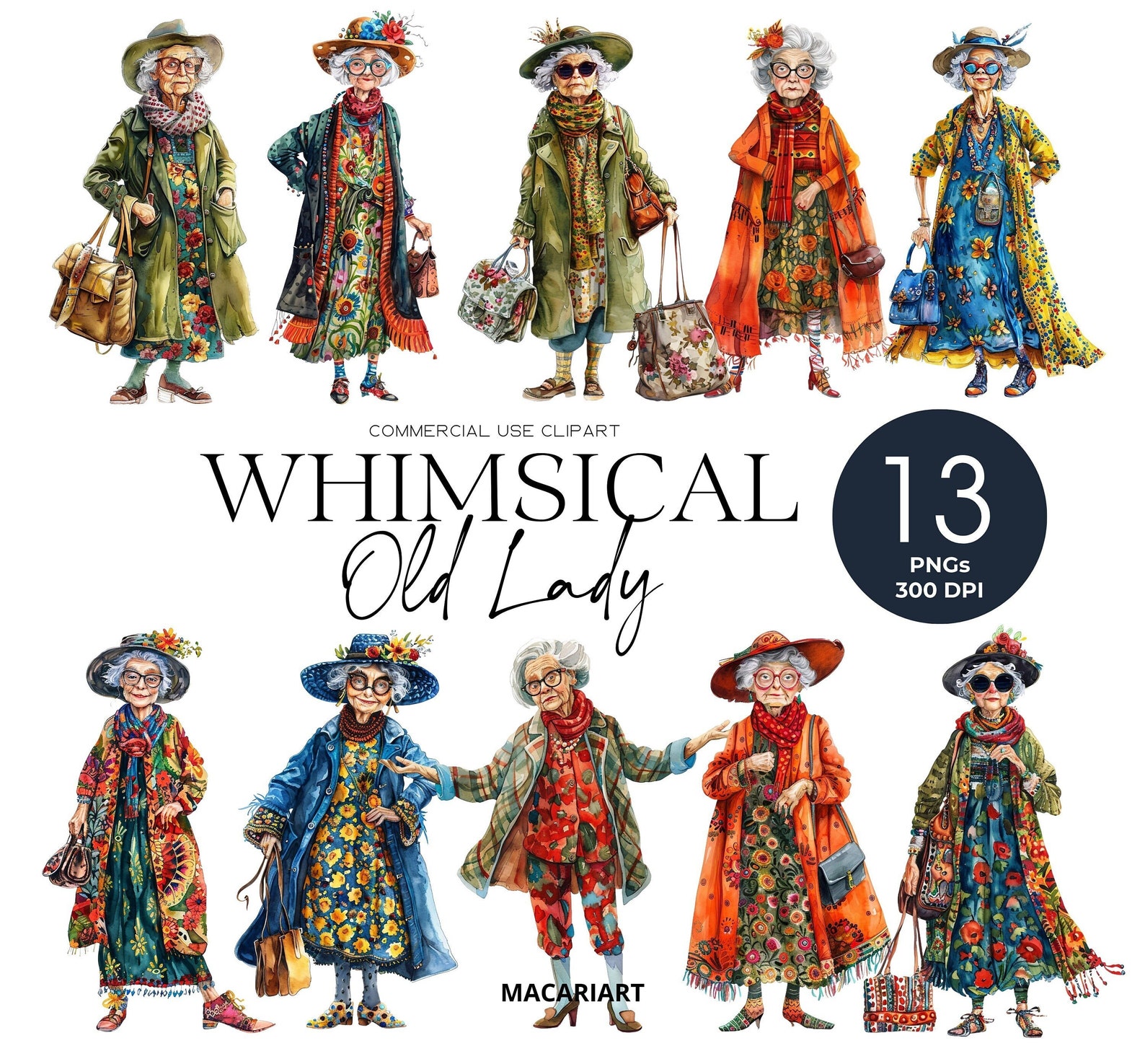 Whimsical Old Lady Clipart Quirky Woman Funny Old Ladies Clipart Old ...