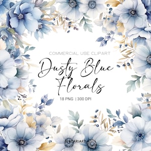 Dusty Blue Floral Clipart Watercolor Blue Flower Clipart Wedding Invitation Boy Baby Shower Premade Clipart Transparent Pngs Commercial Use