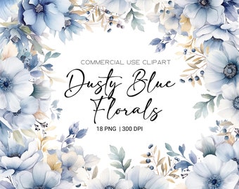 Clipart floral bleu poussiéreux aquarelle fleur bleue Clipart faire-part de mariage garçon baby shower Premade cliparts png transparents usage commercial