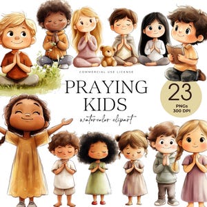 Può includere: Clipart ad acquerello con illustrazioni di bambini che pregano, con una varietà di tonalità della pelle e acconciature. L'immagine include il testo "PRAYING KIDS" e "watercolor clipart". L'immagine include anche il numero "23" e il testo "PNGs 300 DPI".