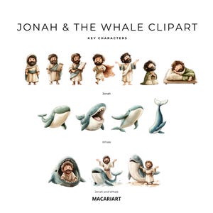 May include: A set of colorful cartoon illustrations of Jonah and the whale from the Bible story. The illustrations include Jonah in different poses, a whale with its mouth open, and Jonah inside the whale. The illustrations are perfect for creating religious crafts, educational materials, or children's books.