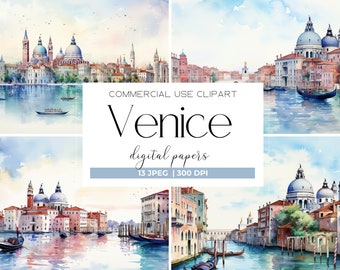 May include: A digital paper pack featuring 13 watercolor illustrations of Venice, Italy. The images depict the city's iconic canals, bridges, and buildings, including the Basilica di San Marco. The papers are 300 DPI and perfect for crafting, scrapbooking, and digital design projects.