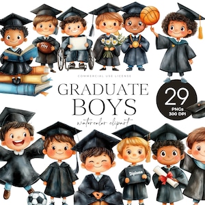 graduierter Junge Clipart, niedlicher Abschluss PNG, Aquarell Abschluss Tag, Grundabschluss, Kinder graduiert, Diplom, Abschlussmütze Kleid