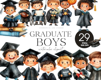 Graduate Boy Clipart, Cute Graduation PNG, Watercolor Graduation Day, Elementary Graduation, Kids Graduate, Diploma, Graduation Cap Gown