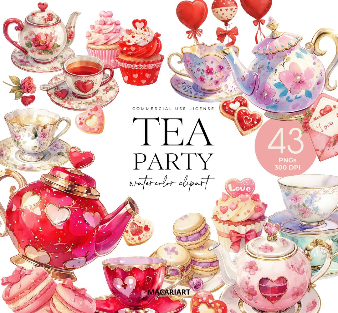 Valentines Tea Party Clipart, Cute Pink Tea Party Watercolor Clipart ...
