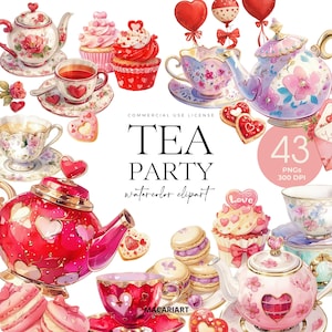 Może przedstawiać: Zestaw 43 akwarelowych ilustracji do przyjęcia herbaty, w tym filiżanki do herbaty, czajniki, babeczki, makaroniki i serca. Zestaw idealnie nadaje się do tworzenia zaproszeń, kartek i innych prac ręcznych.