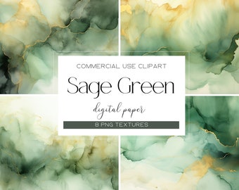 May include: Set of eight digital paper textures featuring abstract sage green and gold watercolor designs.  COMMERCIAL USE CLIPART Sage Green digital paper 8 PNG TEXTURES