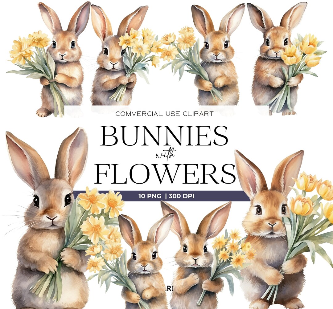 Watercolor Bunny With Flowers Clipart Pack Nursery Spring Clipart ...