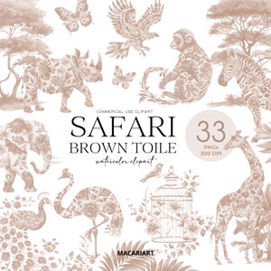 Clipart toile de safari marron aquarelle chinoiseries animaux de la jungle baby shower toile de Jouy Clip Art usage commercial Png téléchargement numérique