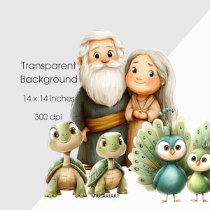 K&ouml;nnte beinhalten: Eine digitale Illustration einer Familie mit zwei Pfauen und zwei Schildkr&ouml;ten. Die Familie besteht aus einem Mann mit langem wei&szlig;em Bart, einer Frau mit langen braunen Haaren und einem Pfau mit blauen und gr&uuml;nen Federn. Die Schildkr&ouml;ten sind gr&uuml;n und haben braune Panzer.