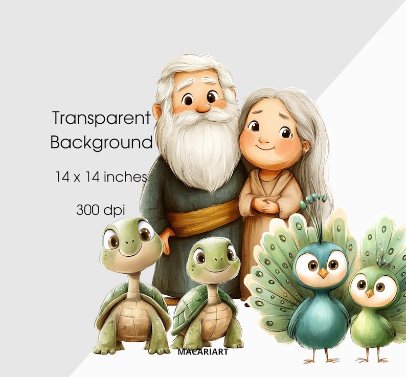 K&ouml;nnte beinhalten: Eine digitale Illustration einer Familie mit zwei Pfauen und zwei Schildkr&ouml;ten. Die Familie besteht aus einem Mann mit langem wei&szlig;em Bart, einer Frau mit langen braunen Haaren und einem Pfau mit blauen und gr&uuml;nen Federn. Die Schildkr&ouml;ten sind gr&uuml;n und haben braune Panzer.