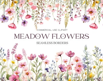 Meadow Flowers Borders Clipart Floral Watercolor Borders Flowers Seamless Border Wild Floral Clipart Wedding Clipart Floral Borders Digital