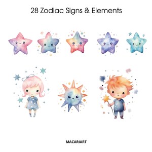 Może przedstawiać: Aquarela ilustracja 28 znak&oacute;w zodiaku i element&oacute;w. Ilustracja przedstawia r&oacute;żne gwiazdy, słońce i dwoje dzieci. Gwiazdy są w r&oacute;żnych kolorach i mają urocze buźki. Słońce jest ż&oacute;łte i pomarańczowe i ma uśmiechniętą buźkę. Dzieci są ubrane w niebieskie ubrania i mają uśmiechnięte buźki.