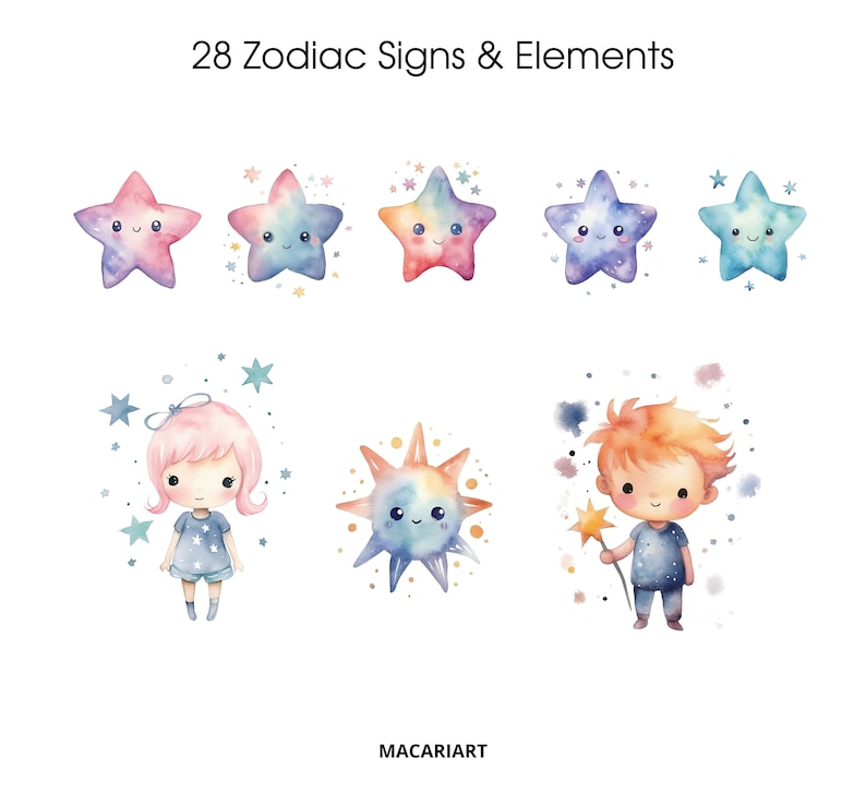 Może przedstawiać: Aquarela ilustracja 28 znak&oacute;w zodiaku i element&oacute;w. Ilustracja przedstawia r&oacute;żne gwiazdy, słońce i dwoje dzieci. Gwiazdy są w r&oacute;żnych kolorach i mają urocze buźki. Słońce jest ż&oacute;łte i pomarańczowe i ma uśmiechniętą buźkę. Dzieci są ubrane w niebieskie ubrania i mają uśmiechnięte buźki.