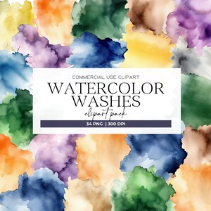 May include: A digital clipart pack of 34 watercolor washes in various colors, including blue, green, purple, yellow, and orange. The washes are abstract and organic in shape, resembling splatters or clouds. The text "COMMERCIAL USE CLIPART WATERCOLOR WASHES clipart pack 34 PNG | 300 DPI" is displayed in the center of the image.