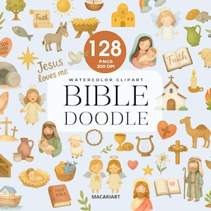 May include: Watercolor clipart set featuring religious symbols and figures, including angels, Jesus, a church, and a bible. The text "BIBLE DOODLE" is displayed prominently, along with the number "128".