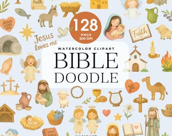 May include: Watercolor clipart set featuring religious symbols and figures, including angels, Jesus, a church, and a bible. The text "BIBLE DOODLE" is displayed prominently, along with the number "128".