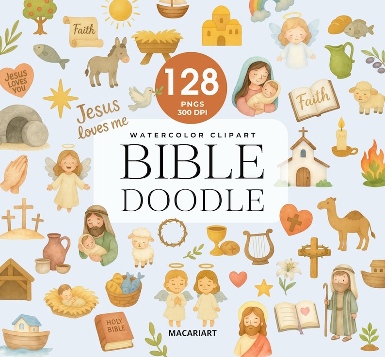 May include: Watercolor clipart set featuring religious symbols and figures, including angels, Jesus, a church, and a bible. The text "BIBLE DOODLE" is displayed prominently, along with the number "128".