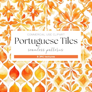 Acuarela de azulejos mediterráneos Azulejo portugués Azulejos de cerámica Naranja Blanco Patrón de azulejos italianos Papel digital Diario basura de boda italiana