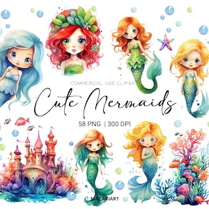 Little Mermaid Clipart Watercolor Mermaid Under the sea Watercolor Clipart Underwater Png Mermaid Illustration Nursery Decor Digital Clipart