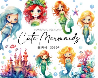 Little Mermaid Clipart Watercolor Mermaid Under the sea Watercolor Clipart Underwater Png Mermaid Illustration Nursery Decor Digital Clipart