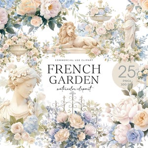 Franse tuin clipart, aquarel bloemen frames, shabby chic bloemdessin, Engelse tuin, rozentuin, standbeeld godin, standbeeld engel, leeuw