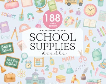 School Supplies Doodle Clipart, Back to School Clipart, Alphabet, Number, Book, Pen, Pencil, Classroom, School Bus, Art Supplies, Classboard