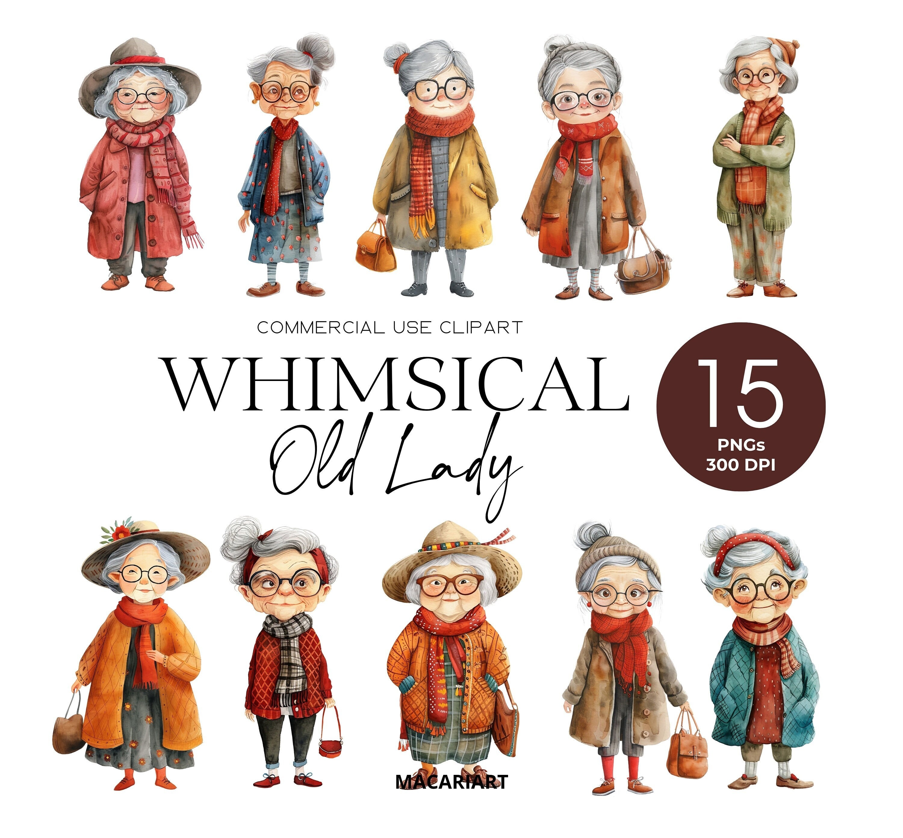 Whimsical Old Lady Clipart Quirky Woman Funny Old Ladies Clipart Old ...